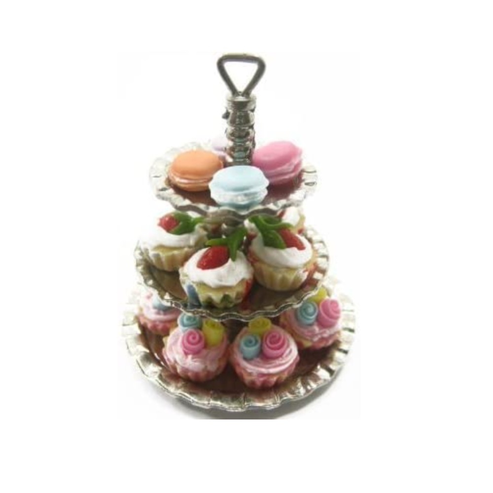 Dollhouse Miniature Set: 3 Layer Bakery Cupcake and Macaroon Metal Display Stand